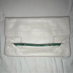 Iacucci White Pebbled Leather Large Clutch, Teal Snake Skin Leather Accent